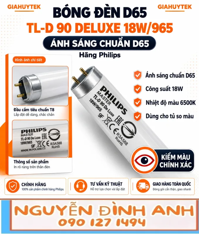 Bóng đèn D65 Philips TL-D 90 De Luxe 18W/965 cho tủ so màu